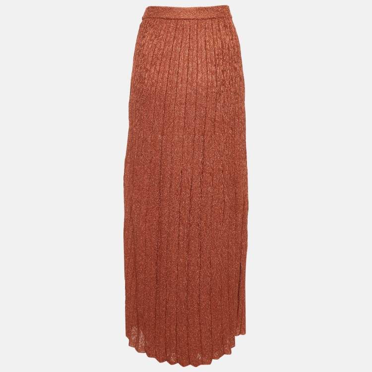Pre Owned M Missoni Orange Lurex Knit Pleated Maxi Skirt M
