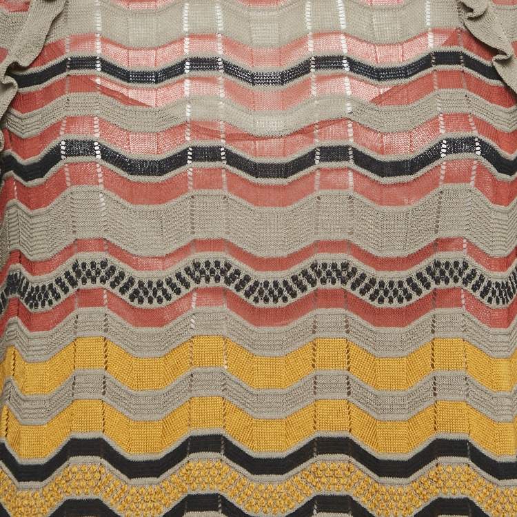 Pre Owned M Missoni Beige/Multicolor Patterned Knit Ruffled Midi Dress L 