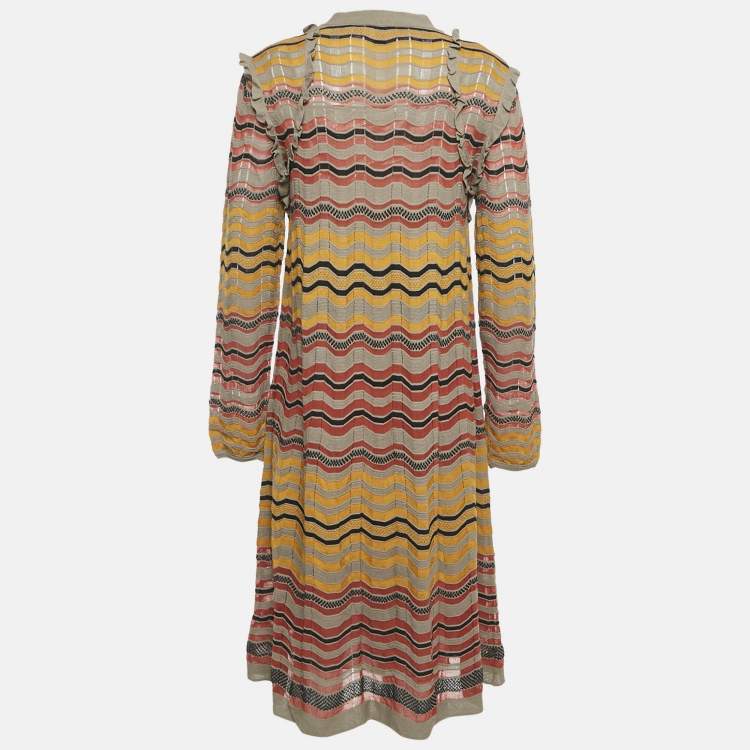 Pre Owned M Missoni Beige/Multicolor Patterned Knit Ruffled Midi Dress L 