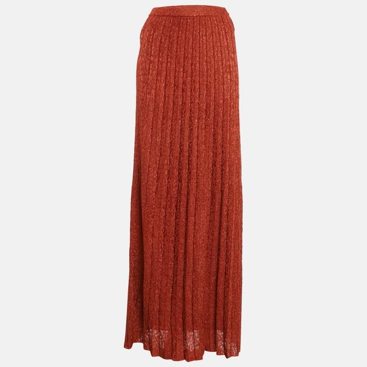 Pre Owned M Missoni Orange Lurex Knit Pleated Maxi Skirt S