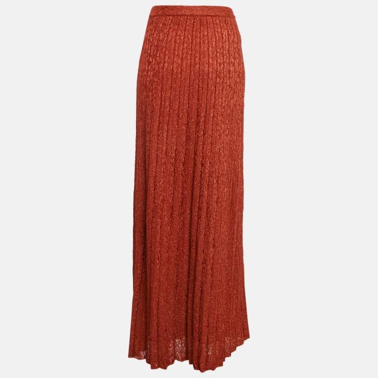 Pre Owned M Missoni Orange Lurex Knit Pleated Maxi Skirt S