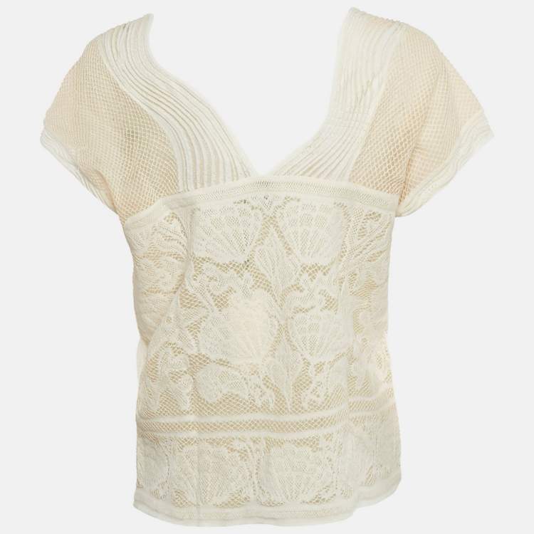 Pre Owned M Missoni White Patterned Lurex Knit V-Neck Top M