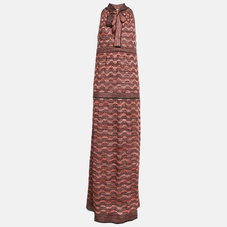 مملوكة مسبقًا M Missoni Multicolor Patterned Lurex Knit Tie-Up Neck Detail Maxi Dress M