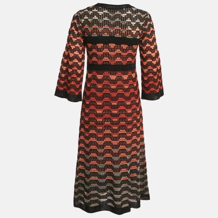 Pre Owned M Missoni Orange/Multicolor Patterned Knit Long Sleeve Midi Dress S