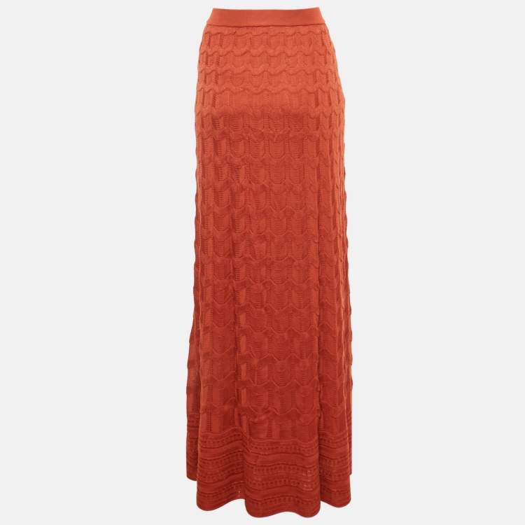 Pre Owned M Missoni Burnt Orange Patterned Knit Maxi Skirt L
