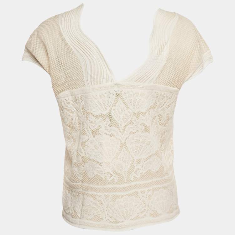 مملوكة مسبقًا M Missoni White Seashell Pattern Lurex Knit V-Neck Top L