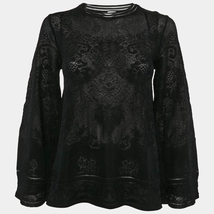 Pre Owned M Missoni Black Floral Knit Flared Long Sleeve Top S