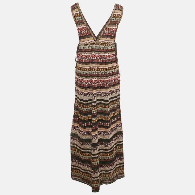 Pre Owned M Missoni Multicolor Stripe Knit Lurex V-Neck Maxi Dress M