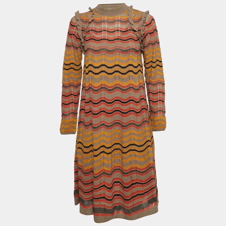 Pre Owned M Missoni Multicolor Patterned Knit Ruffled Dress L
