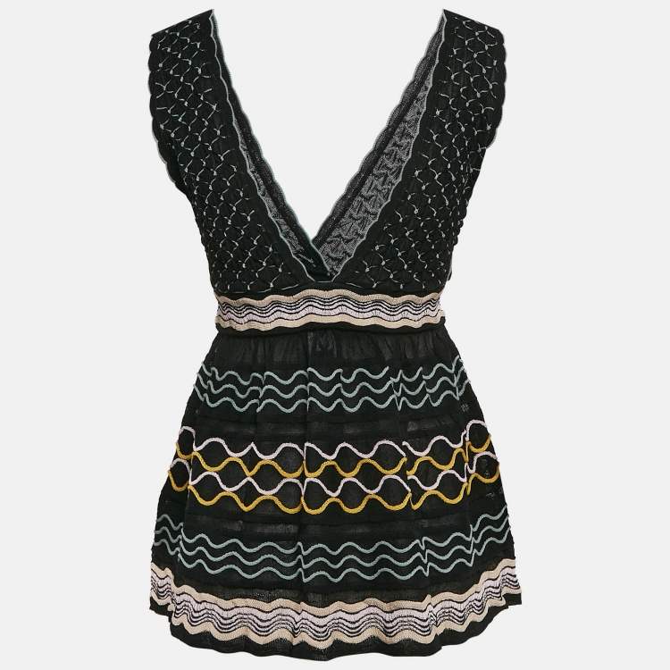Pre Owned M Missoni Black Patterned Knit V-Neck Flared Top L