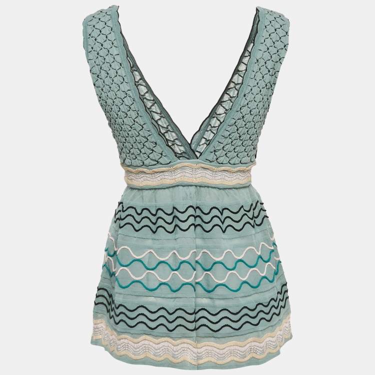 Pre Owned M Missoni Blue Patterned Knit V-Neck Flared Top S