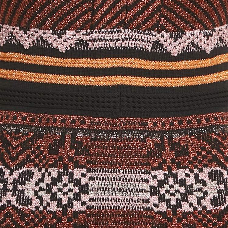 Pre Owned M Missoni Black/Orange Patterned Lurex Knit V-Neck Midi Dress M