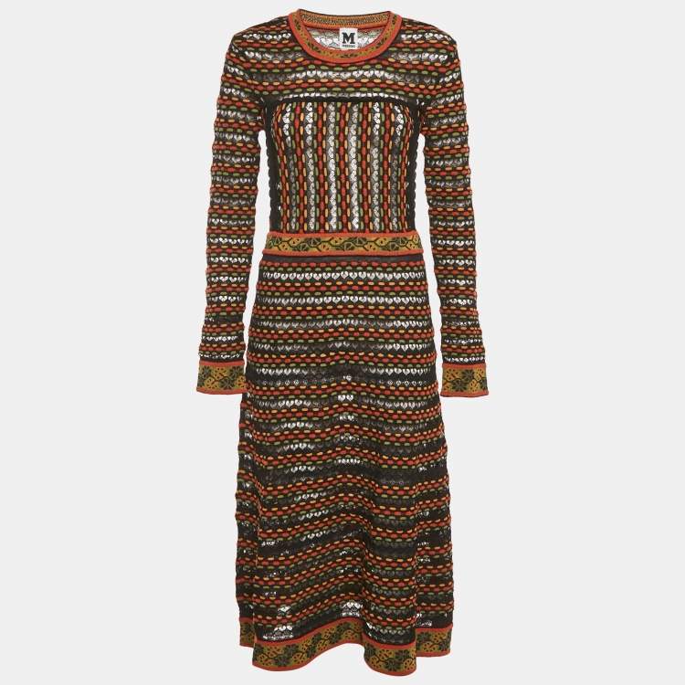 Pre Owned M Missoni Black/Orange Pointelle Knit Long Sleeve Midi Dress M