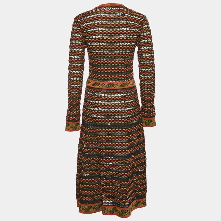 Pre Owned M Missoni Black/Orange Pointelle Knit Long Sleeve Midi Dress M