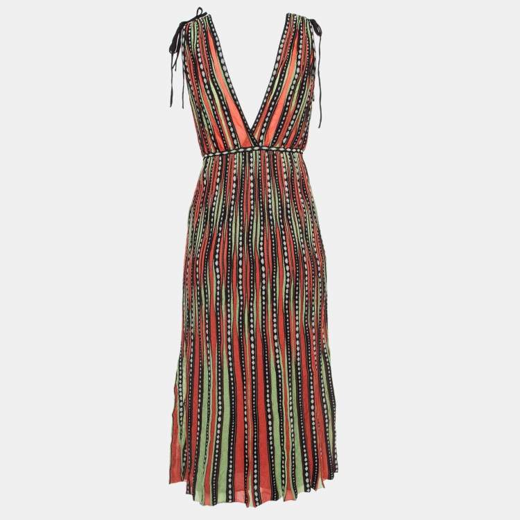 Pre Owned M Missoni Green/Orange Alga and Bubble Pattern Knit Midi Dress L