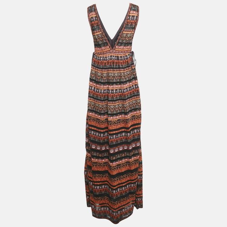 Pre Owned M Missoni Orange/Plum Stripe Pattern Lurex Knit Maxi Dress L