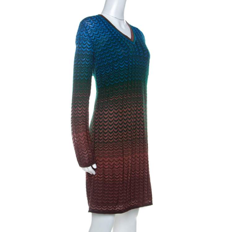 مملوكة مسبقًا M Missoni Multicolor Ombre Pattern Knit V Neck Dress M 