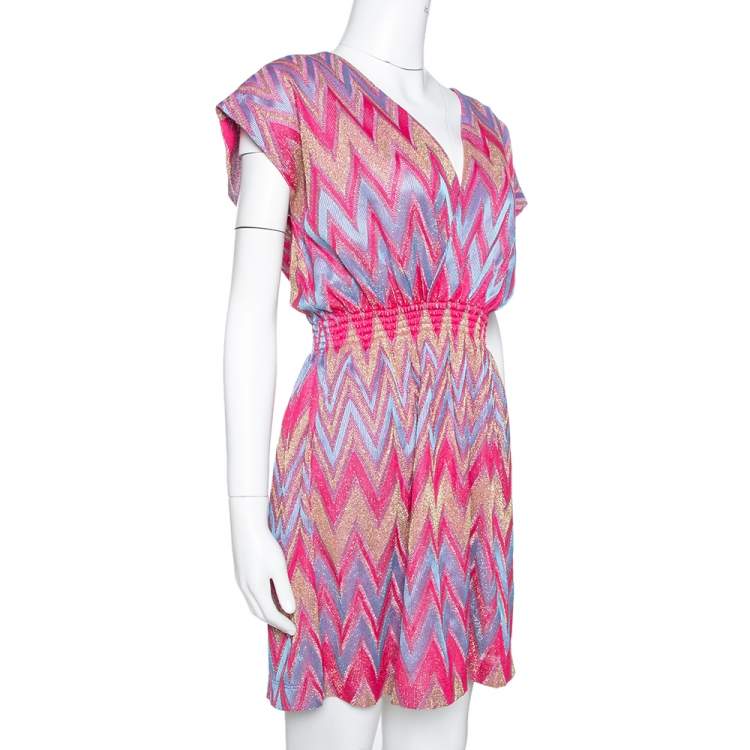 Pre Owned M Missoni Pink & Blue Lurex Zig Zag Knit Mini Dress M