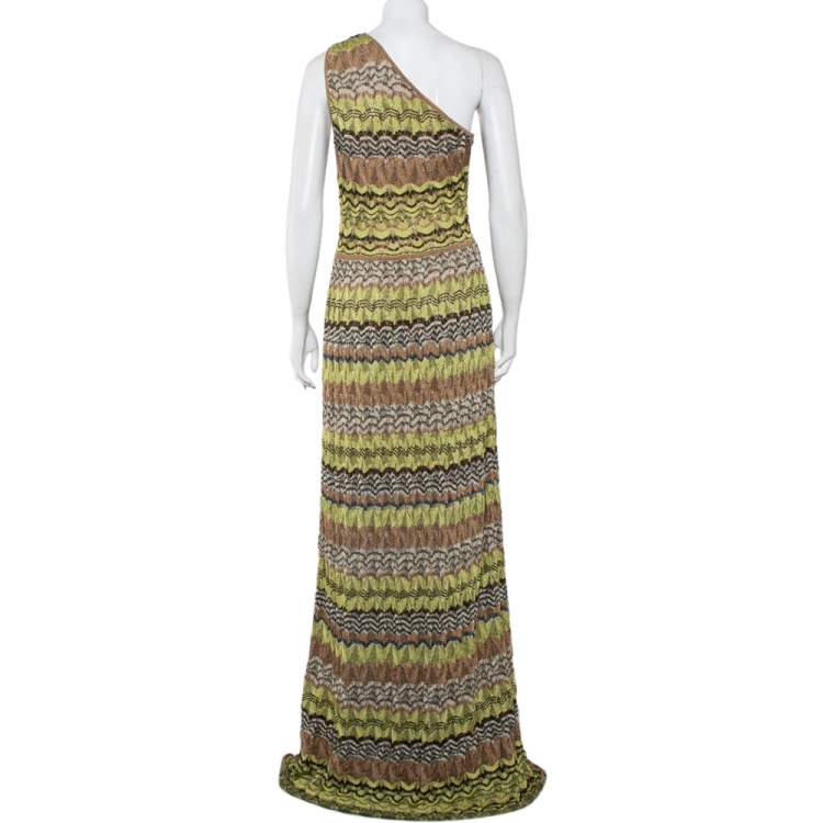 Pre Owned M Missoni Green Patterned Lurex Knit One-Shoulder Maxi Dress M