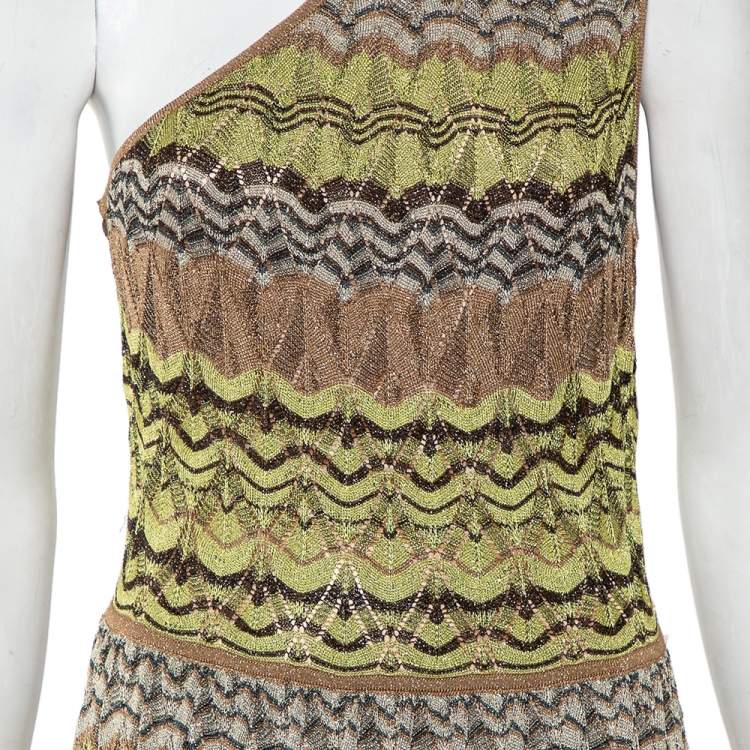 Pre Owned M Missoni Green Patterned Lurex Knit One-Shoulder Maxi Dress M