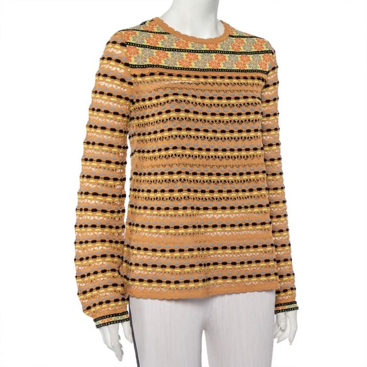 مملوكة مسبقًا M Missoni Beige Straw Perforated Knit Long Sleeve Top L