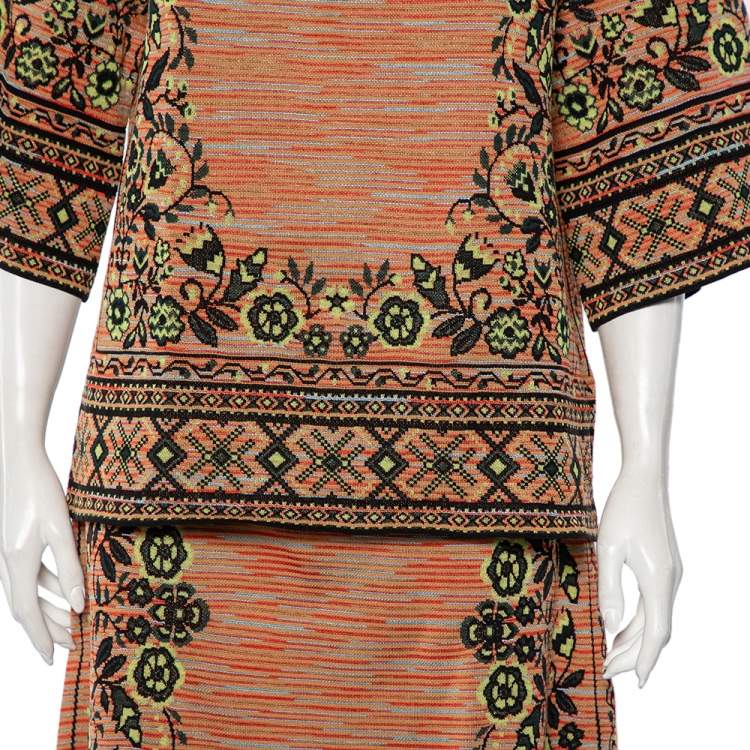 Pre Owned M Missoni Burnt orange Floral Jacquard Knit Midi Skirt & Top Set M