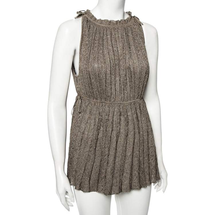 Pre Owned M Missoni Metallic Knit Lurex Ruffled Neck Detail Pleated Top L 