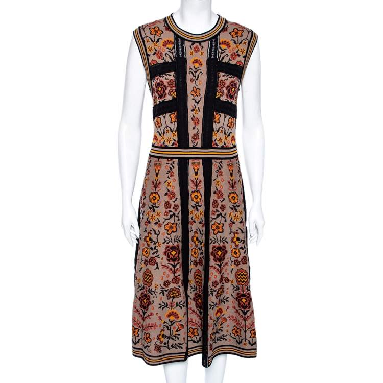 Pre Owned M Missoni Multicolored Floral Pattern Knit Flared Midi Dress L 