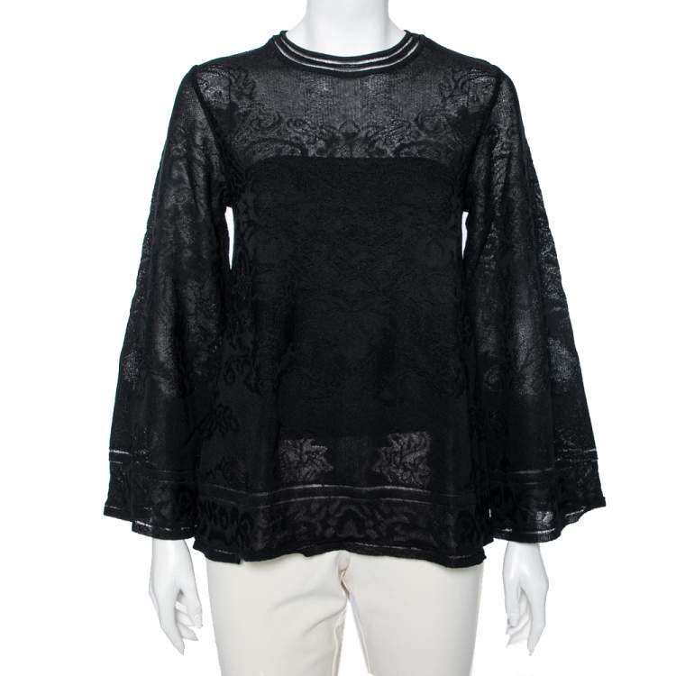 Pre Owned M Missoni Black Floral Knit Long Sleeve Top M