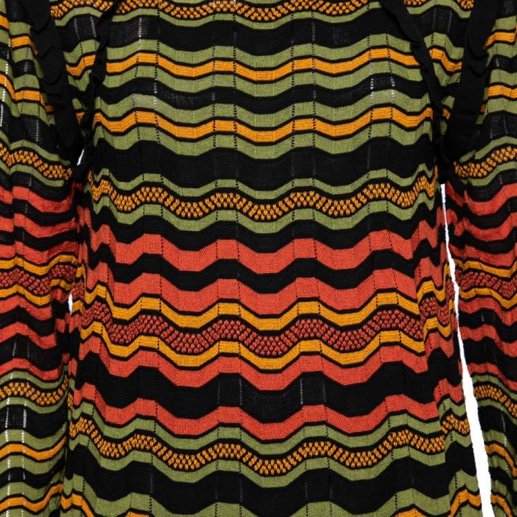 Pre Owned M Missoni Multicolor Wave Perforated Pattern Knit Ruffle Detailed Midi Dress L