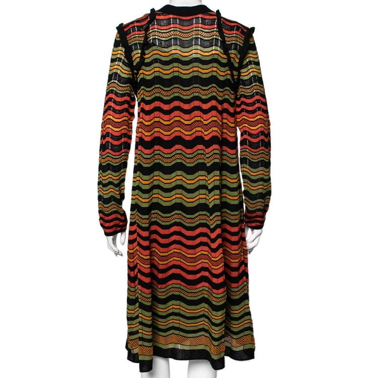 Pre Owned M Missoni Multicolor Wave Perforated Pattern Knit Ruffle Detailed Midi Dress L