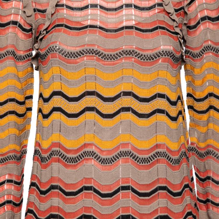 Pre Owned M Missoni Multicolor Wave Perforated Pattern Knit Ruffle Detailed Midi Dress S