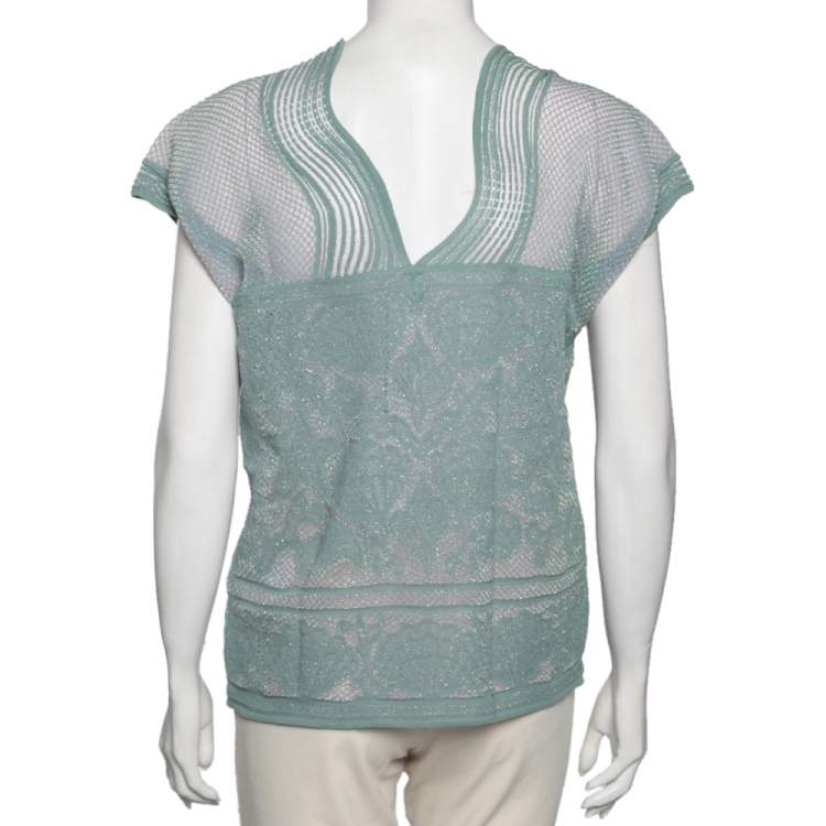Pre Owned M Missoni Blue Patterned Lurex Knit V-Neck Top M
