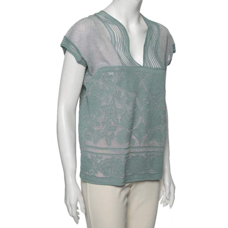 Pre Owned M Missoni Blue Patterned Lurex Knit V-Neck Top M