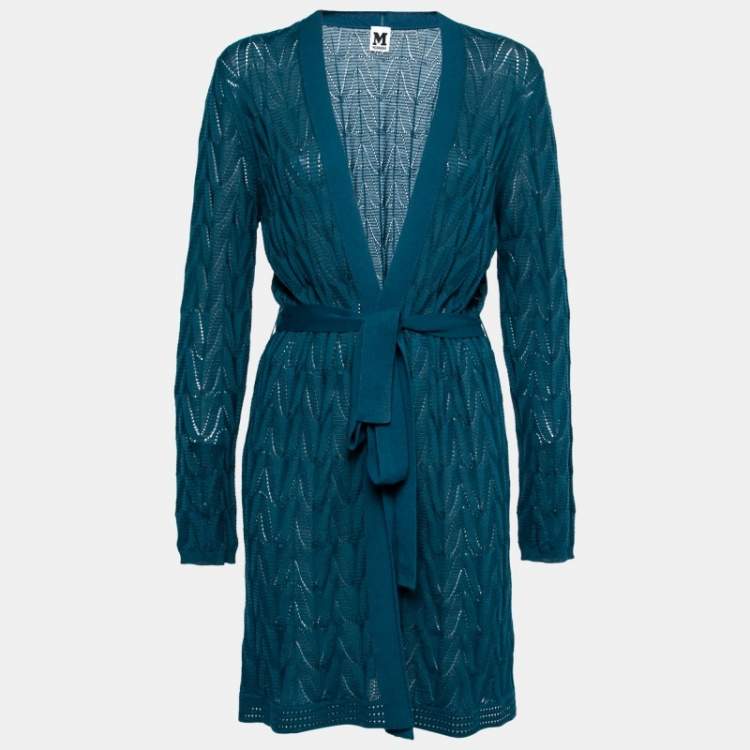 Pre Owned M Missoni Blue Patterned Pointelle Knit Open Front Belted Cardigan L
