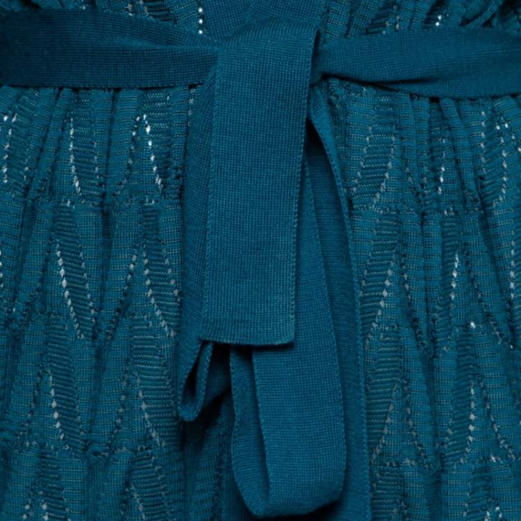 Pre Owned M Missoni Blue Patterned Pointelle Knit Open Front Belted Cardigan L