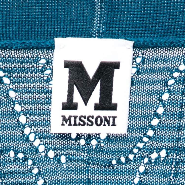 Pre Owned M Missoni Blue Patterned Pointelle Knit Open Front Belted Cardigan L