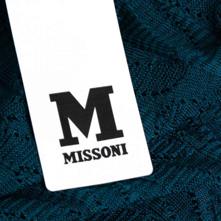 Pre Owned M Missoni Blue Patterned Pointelle Knit Open Front Belted Cardigan L