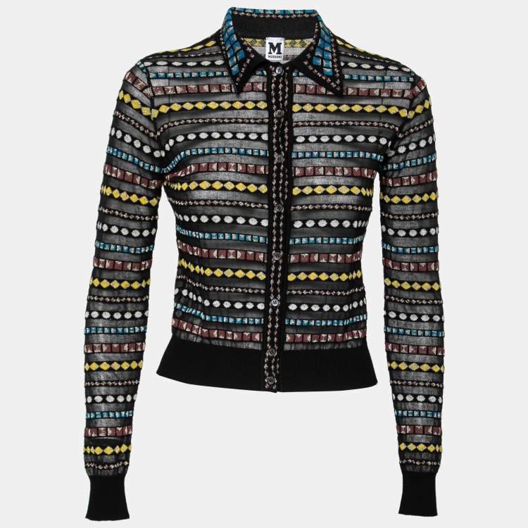 Pre Owned M Missoni Black Patterned Lurex Knit Collared Cardigan Top S