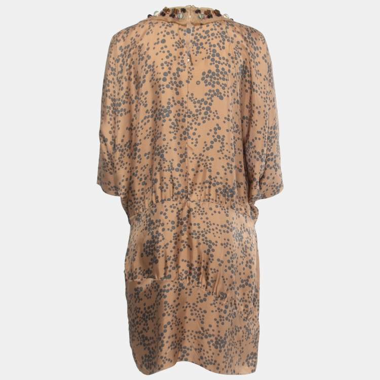 Pre Owned M Missoni Brown Printed Silk Embellished Neck Detail Dress L