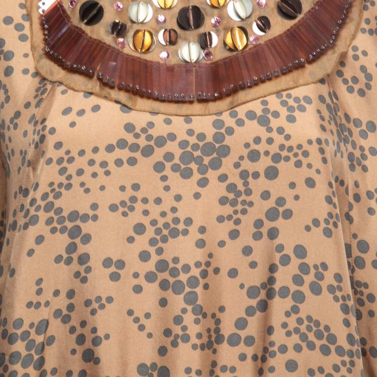 Pre Owned M Missoni Brown Printed Silk Embellished Neck Detail Dress L