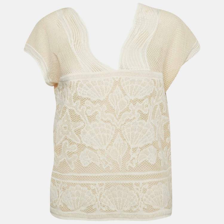 Pre Owned M Missoni Ivory White Sea Shell Pattern Lurex Knit Cap Sleeve Top S