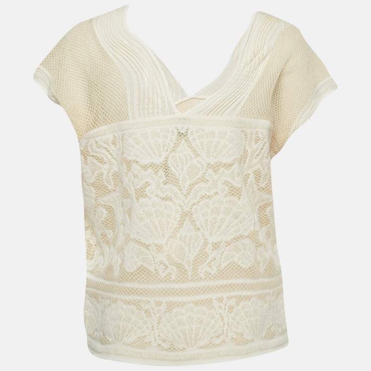 Pre Owned M Missoni Ivory White Sea Shell Pattern Lurex Knit Cap Sleeve Top S
