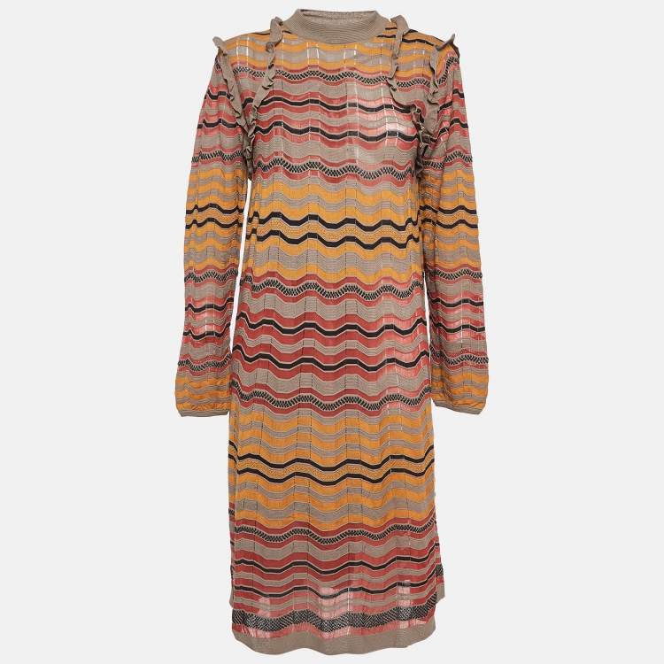 مملوكة مسبقًا M Missoni Brown Chevron Knit Ruffled Long Sleeve Midi Dress L