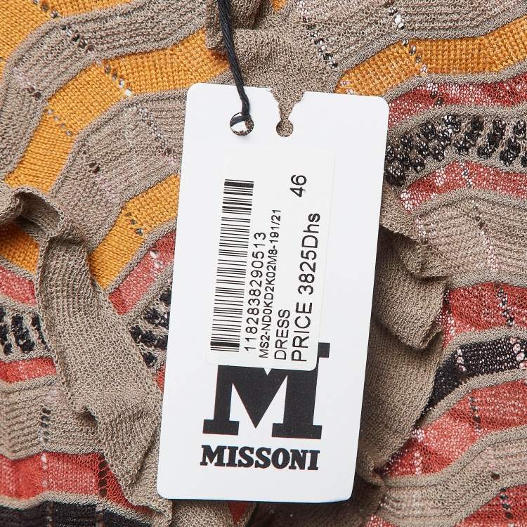 مملوكة مسبقًا M Missoni Brown Chevron Knit Ruffled Long Sleeve Midi Dress L