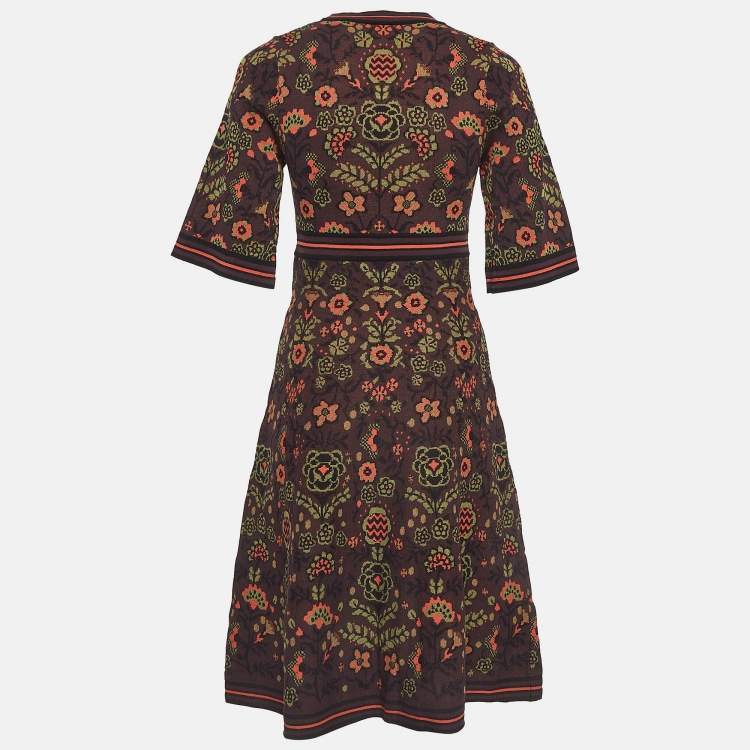 Pre Owned M Missoni Burgundy Floral Intarsia Knit Short Sleeve Midi Dress S