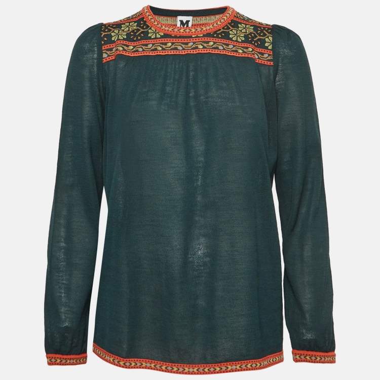 Pre Owned M Missoni Green Floral Pattern Knit Long Sleeve Top L