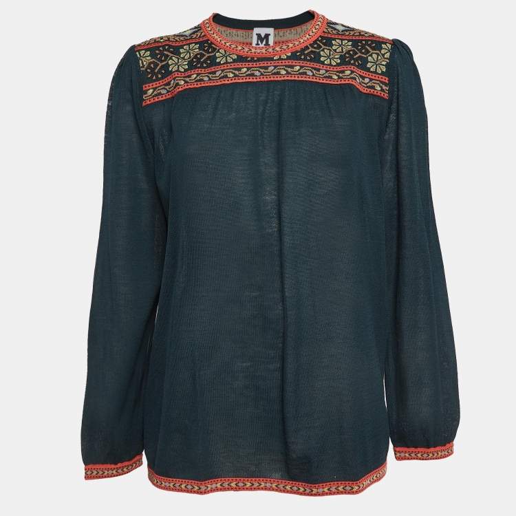 Pre Owned M Missoni Green Floral Pattern Knit Long Sleeve Top L