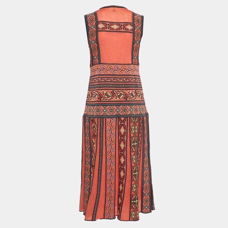 مملوكة مسبقًا M Missoni Orange Patterned Knit Sleeveless Flared Midi Dress M