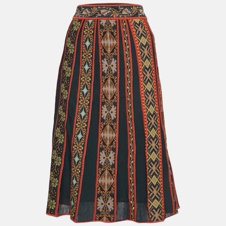 Pre Owned M Missoni Green Multicolor Patterned Midi Skirt L